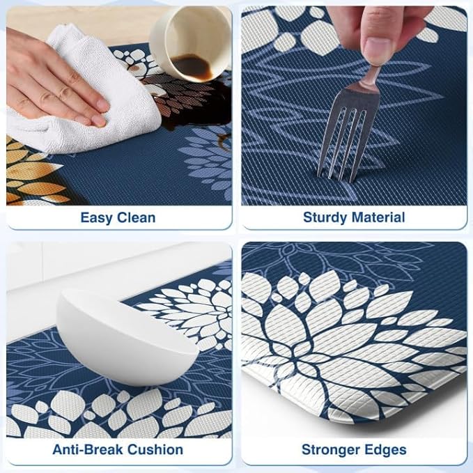 Kitchen Mats, 2PCS Non-Slip Cushioned Rugs, Anti-Fatigue Waterproof Floor Rug, Washable Standing Desk Mat, Home Laundry Office Apartment Decor and Accessories (17.3" ×59" +17.3" ×30"-Blue)