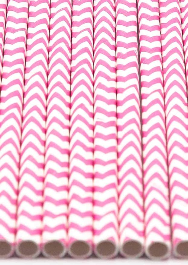 Pack of 300 Baby Pink Chevron Biodegradable 4-Ply Paper Drinking Straws (Compostable, Non-toxic, BPA-free)