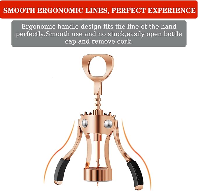 KORCCI Wine Opener, Heavy-Duty Zinc Alloy Wing Corkscrew, Premium Beer Bottle Opener, Multifunctional Wine Accessories with Ergonomic Handle and Sharp Screw, for Kitchen, Bar, Restaurant (Rose Gold)