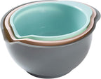 Set of 3 Mixing Bowls with Pour Spout-Nesting Design Saves Space - Non-Slip, BPA Free, Dishwasher Safe Plastic - Kitchen Cooking and Baking Supplies (Green Pink Grey)