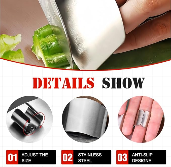 Stainless Steel Finger Guard, Universal Fit Adjustable Finger Protector for Cutting Food, Premium Slicing Tool, Silver