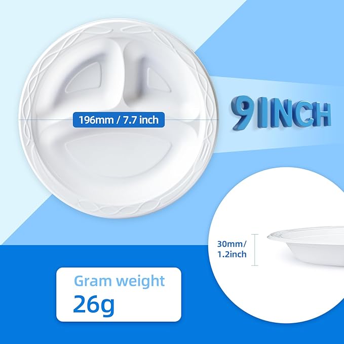 YANGRUI Plastic Plates Shrink Wrap 9" 150 Pack - BPA Free Mineral Filled PP | Reusable & Disposable Microwave Safe Heat-Retention Design | Steakhouse Grade Commercial White 3 Compartment Party Plate