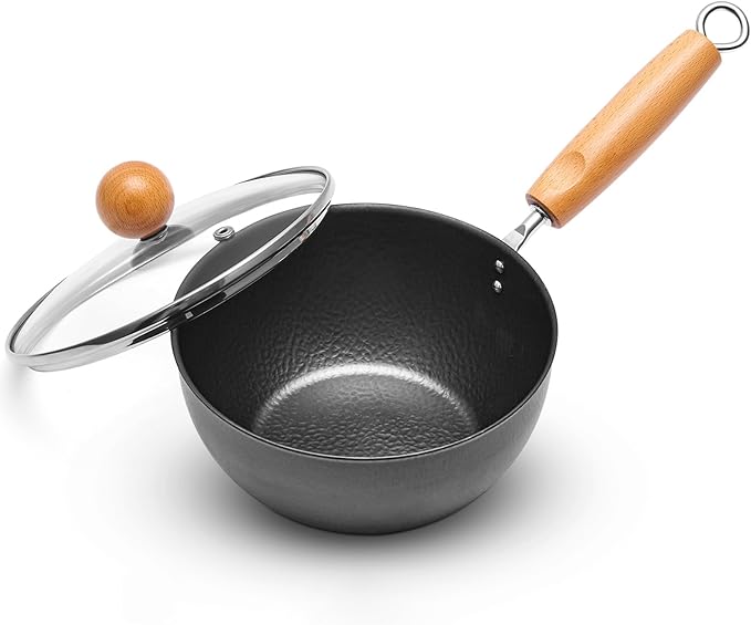 1.5 QT Small Wok, Cold-Forged Iron Wok with Glass Lid, 7 Inch Nonstick Sauce Pan for Single Meals, Flat Bottom Iron Pot for Stir-Fry, Multipurpose Cooking Pot for Everyday Cooking