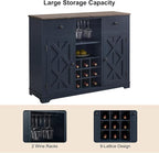Rustic Wine Cabinet with Wine Rack and Lattice, Sideboard Buffet Cabinet with Drawers, Multifunctional Storage Cabinet for Kitchen, Dining Room, 47 Inch (Navy)
