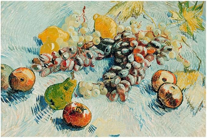 Art-Inspired Washable PVC Placemats Set of 6, Heat-Resistant Non-Slip Table Mats for Kitchen Dining Table Decor (Grapes, Lemons, Pears, and Apples)