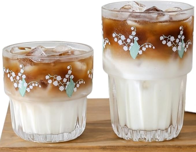 Set of 2 Floral Drinking Glasses Flower Glass Coffee Cups Cute Lily of the Valley Glass Cups for Juice,Iced Coffee,Milk,Tea,Dessert,Latte,Stackable Flower Glassware Drinkware Set(green)