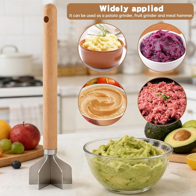 Stainless Steel Meat Chopper Masher with Potato Masher, 6 Blade Ground Beef Chopper Hamburger Smasher Tool with Wooden Handle, Kitchen Tool for Vegetables, Fruits, Beans, Meat