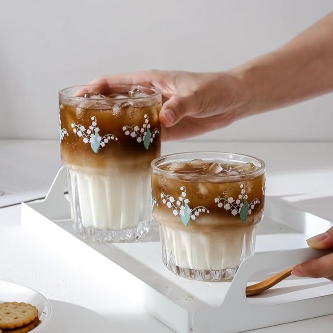 Ivymei Set of 2 Floral Drinking Glasses Cute Glass Coffee Cup Lily of the Valley Glass Cups for Juice,Iced Tea,Coffee,Latte,Dessert,Stackable Flower Glassware Drinkware Set(green)