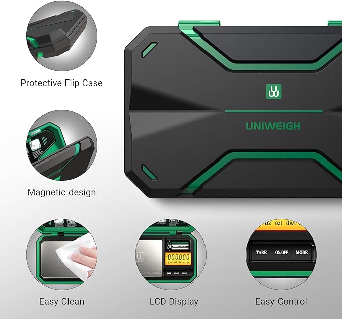 UNIWEIGH Digital Pocket Scale Precision 200g/0.01g, Digital Scale Grams Ounces, Mini Jewelry Scale, Coins Scale with 50g Cal Weights for Gold/Silver/Gems/Food,(Battery Included)-Green