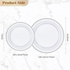 BESTVIP 200PCS Silver Plastic Plate, Disposable Party Plates with 100 Dinner Plates and 100 Dessert Plates, Plastic Plates for Party, Wedding and Birthday