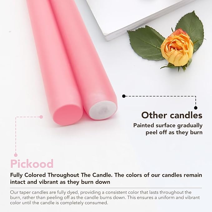 New Burning Formula Unscented Dripless 10-Inch Taper Candles Set of 12 - Pink, for Wedding, Dinner - Smokeless, Long Burning - Hand Poured, Colored Tall Candlesticks - Rosa
