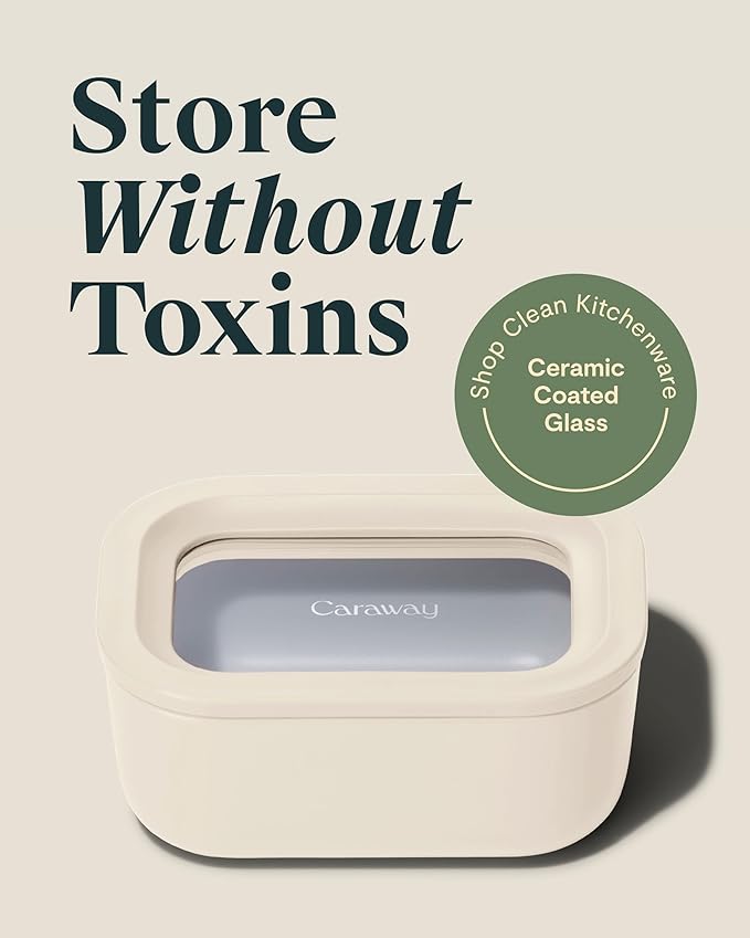 Caraway Mini Rectangle Food Storage Container - 2.6 Cup Glass Storage Container for Food - Non-Toxic Ceramic-Coated Glass - Air Release Technology - Compact & Stackable Design - Cream