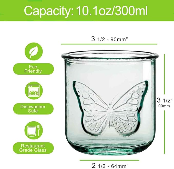 COURONNE CO. Clear Recycled Drinking Glass Tumbler, Perfect for Cocktails, Refreshments & Everyday Use, Restaurant Grade, Crafted without lead-based materials (10.1 Oz, Butterfly), Pack of 6