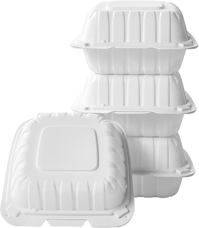CIAO! 6"x6"x3" MFPP White Hinged Container With Lid 1 Compartment (Case of 300)
