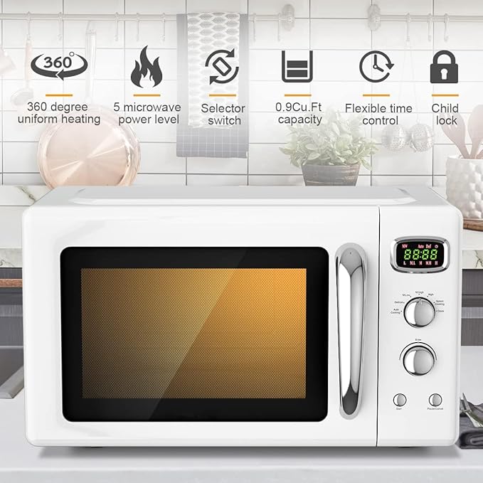 MAT EXPERT 0.9 Cu.ft Microwave Countertop, Digital Timing & 5 Micro Power, 25L Small Microwave w/Glass Turntable & 6 Preset Buttons, Delayed Start Function, 900W Mini Microwave w/Child Lock