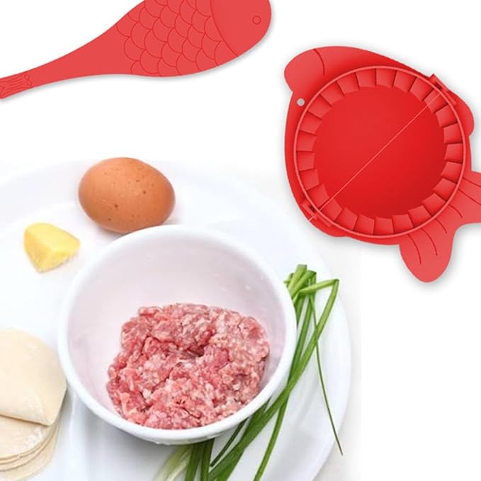 Dumplings Maker Tools Set with 4 Plastic Molds and Spoons Red Dumpling Press for Homemade Wrappers Kitchen Baking Gadgets for Family Cooking