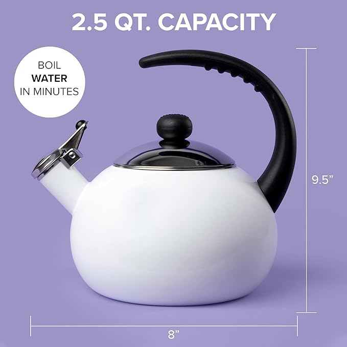 Farberware Luna Water Kettle, Whistling Tea Pot, Works For All Stovetops, Porcelain Enamel on Carbon Steel, BPA-Free, Rust-Proof, Stay Cool Handle, 2.5qt (10 Cups) Capacity (White)