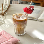 Set of 2 Floral Glass Coffee Cup Cute Drinking Glasses Stackable Floral Glass Cups for Juice,Iced Coffee,Milk,Tea,Dessert,Flower Teacups Glassware Drinkware Set (pink)