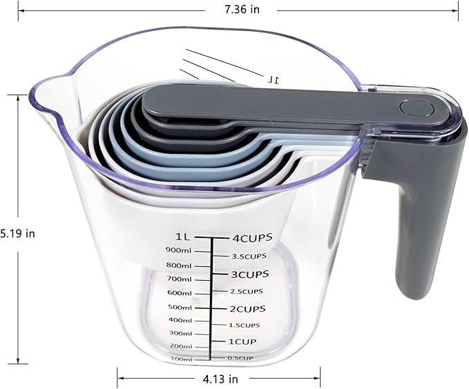 11-Piece Measuring Cups and Spoons Set with Stackable Measuring Cup, Lid, and Silicone Bread Sling(Grey), Unique Kitchen Gadgets for Baking and Cooking, BPA-Free, Dishwasher Safe