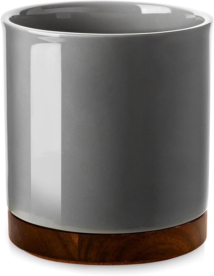 Nucookery 360° Rotating Utensil Holder, 7.2" Large Utensil Crock, White Ceramic Cooking Utensil Organizer with Countertop-Protection Cork Bottom for Farmhouse Kitchen Decor Gift (Gray)