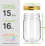 Glass Mason Jars with Gold Lids 16 oz - 15 Pack Regular Mouth Canning Jars for Food Storage, Meal Prep, Overnight Oats, DIY Crafts - Includes 24 Stickers & Brush