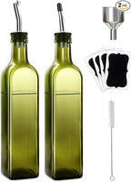 Leaflai 2 Pcs Green Glass Olive Oil Dispenser and Vinegar Dispenser Set with 2 Stainless Steel Pourers, 4 Labels, 1 Brush, 1 Funnel (500ml) for Kitchen, Cooking, Salad Dressing, Barbecue, Mixing