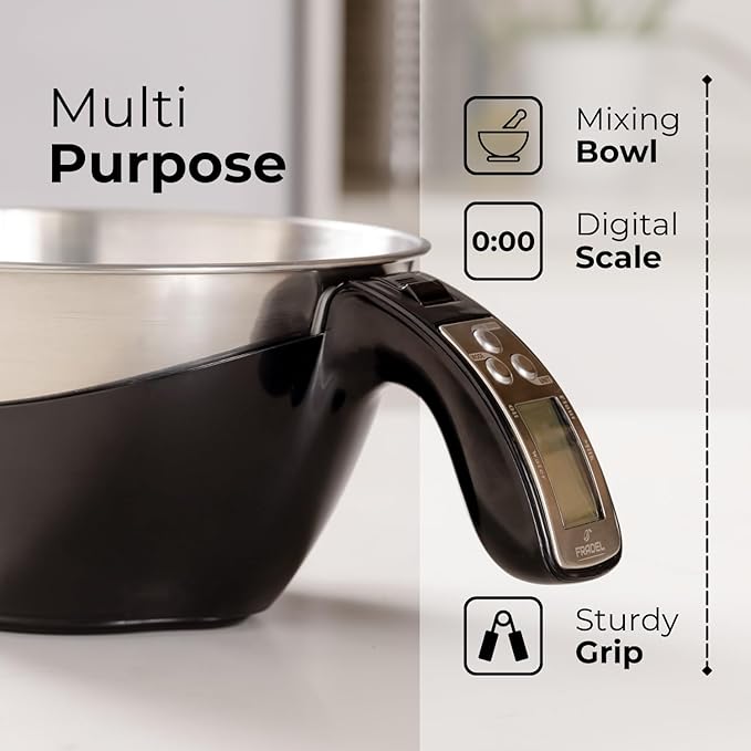 Fradel Digital Kitchen Food Scale with Bowl - 11lb, Grams & Ounces - Removable, Dishwasher-Safe Mixing Bowl - Black