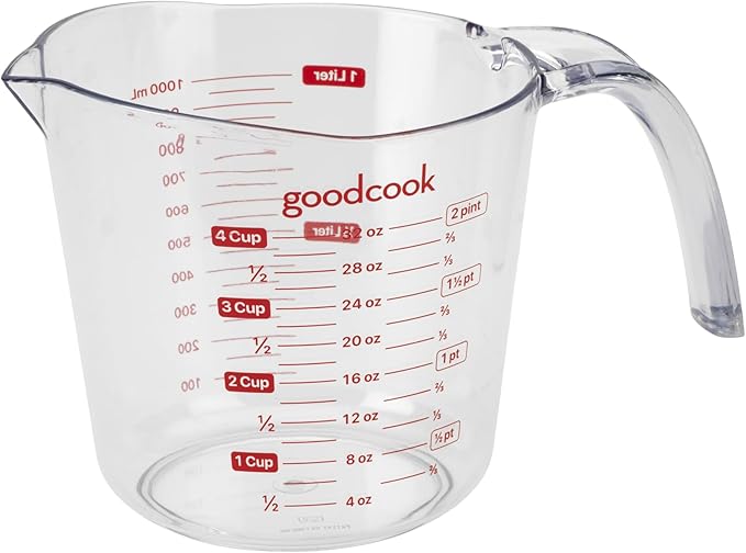 GoodCook Everyday 4-Cup Liquid Measuring Cup, Clear Plastic with Easy-to-Read Markings, Tapered Pour Spout, Comfortable Handle, Measures in Cups, Ounces, Pints, and Milliliters