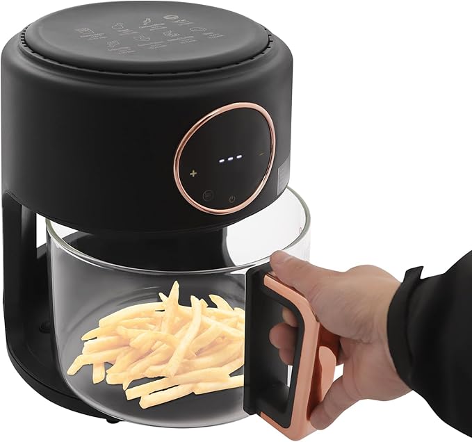 Glass Air Fryer 3.81QT with 360° View, 1200W Touchscreen & 8 Presets, Borosilicate Glass Pot for Healthy Frying, Family Kitchens, Restaurants (Black)