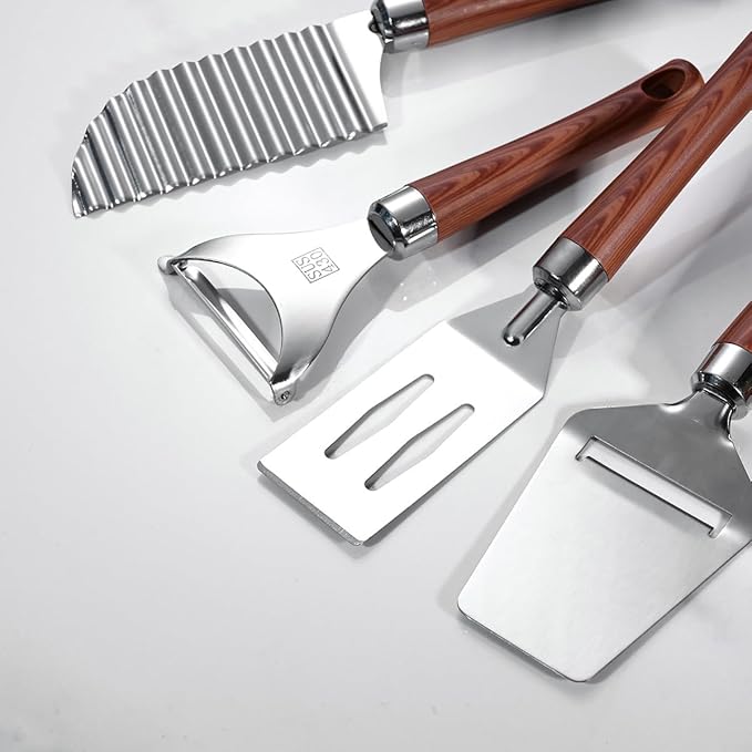 9-Piece Kitchen Tools and Gadgets Set with Wood Imitation Handle BRIIEC Stainless Steel Cooking Utensils Kitchen Accessories Includes Can Opener Garlic Press Peeler