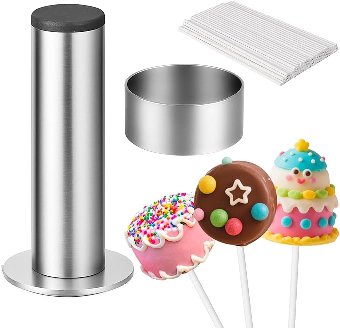 Juome Cake Pop Mold Kit, Stainless Steel Circle Cake Pop Cutter and Pusher Cake Pop Maker with Sticks, Round Cake Pop Shapes Supplies Accessories, Baking Tools for Home Baking Desserts
