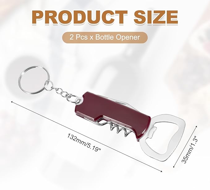 uxcell 2 Pcs Wine Opener, Bottle Opener Keychain, Durable Stainless Steel Waiter's Corkscrew, Compact All-In-One Home Bar Tool for Bar, Party, Wedding, Home, Travel, Dark Red