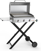 Portable Propane Gas Griddle 3-Burner with Foldable Cart & Side Table, Flat Top Gas Grill Griddle Stove with Lid, for Outdoor Cooking Patio Backyard Camping RV Tailgating Beach, GS310