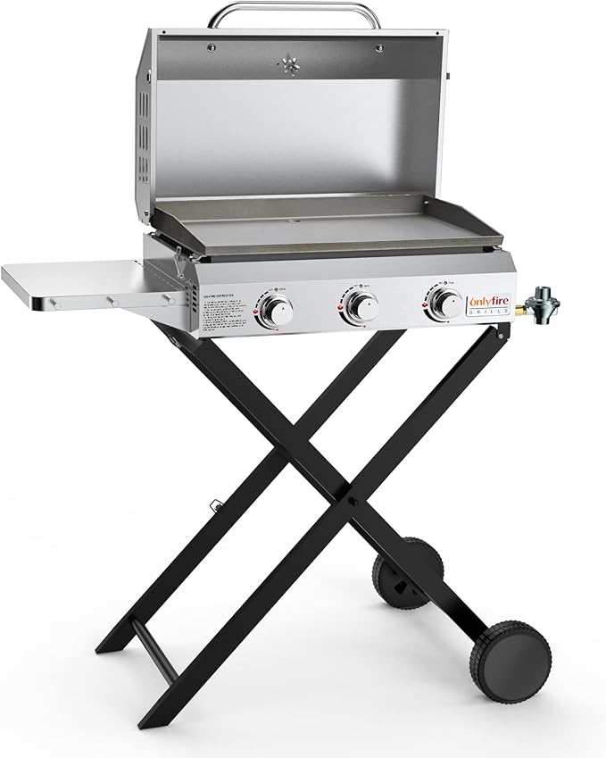 Portable Propane Gas Griddle 3-Burner with Foldable Cart & Side Table, Flat Top Gas Grill Griddle Stove with Lid, for Outdoor Cooking Patio Backyard Camping RV Tailgating Beach, GS310