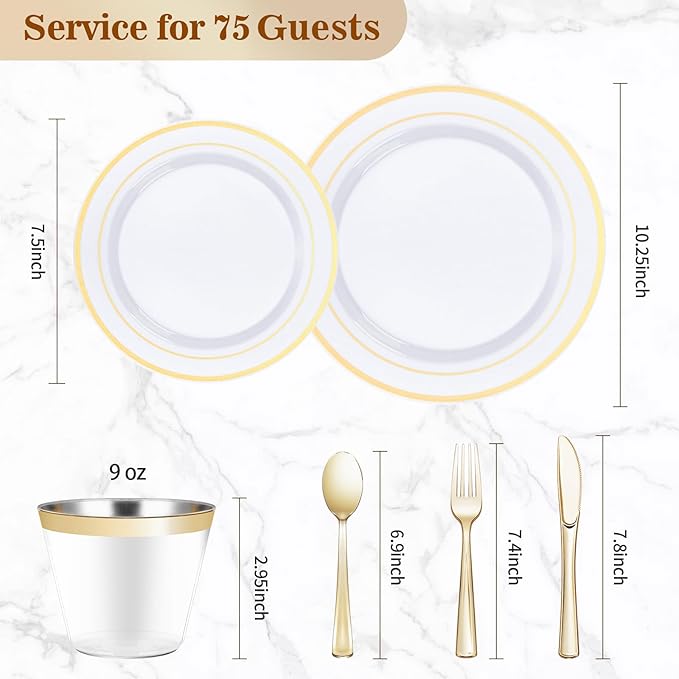 BESTVIP 450PCS Gold Dinnerware Set for 75 Guests, Plastic Plates for Party, 75 Gold Disposable Plates, 75 Dessert Plates, 75 Cups, 75 Spoons, 75 Forks and 75 Knives