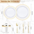 BESTVIP 450PCS Gold Dinnerware Set for 75 Guests, Plastic Plates for Party, 75 Gold Disposable Plates, 75 Dessert Plates, 75 Cups, 75 Spoons, 75 Forks and 75 Knives