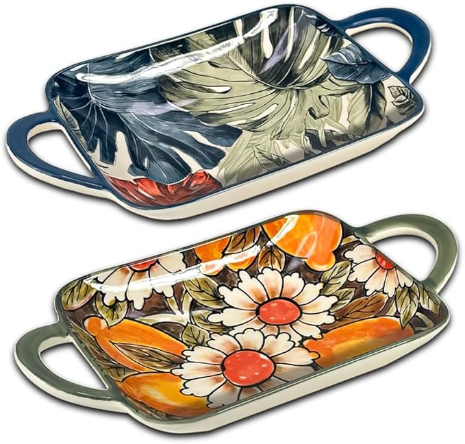 Ceramic Small Baking Dishes Set of 2 Rectangular Casserole Dish with Handles 12 oz Mini Bakeware for Oven to Table Appetizers Dips Snacks Dessert Gratin Dishes Serving Plates Two Different Patterns