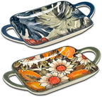 Ceramic Small Baking Dishes Set of 2 Rectangular Casserole Dish with Handles 12 oz Mini Bakeware for Oven to Table Appetizers Dips Snacks Dessert Gratin Dishes Serving Plates Two Different Patterns