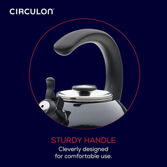 Circulon Enamel on Steel Whistling Induction Teakettle, Tea Kettle for Stovetop with Flip-Up Spout, 2-Quart, Black