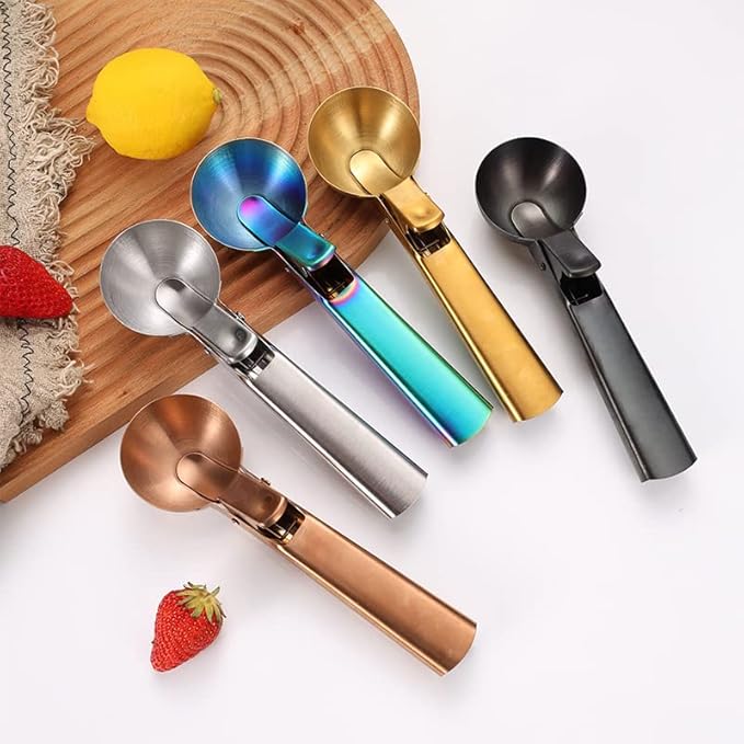 Ice Cream Scoop, 2Pcs Stainless Steel Gold Cookie Scoop with Trigger Melon Baller Scooper Cones, Specialty Tools and Gadgets, Ice Cream Spoon Food Scoop for Frozen Yogurt Sundaes Fruit Cookie