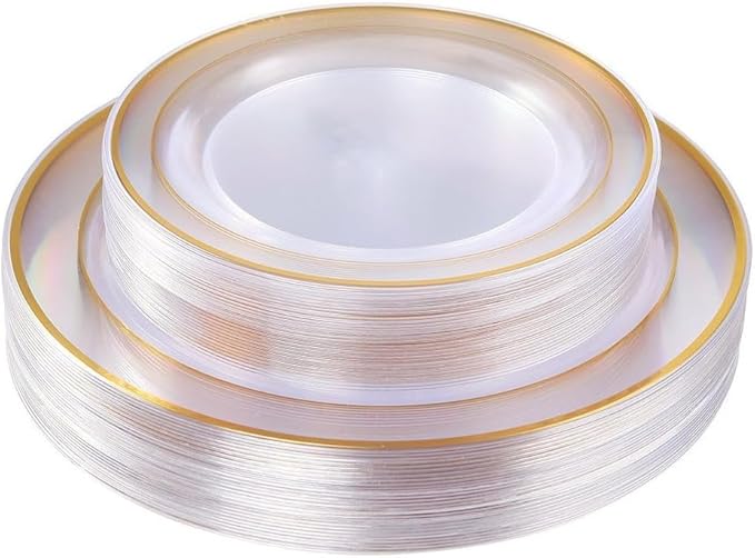 I00000 60 Pcs Clear Gold Plastic Plates, Gold Disposable Plates Includes: 30 Dinner Plate 10.25" and 30 Dessert Plate 7.5 ", Premium Clear Plate Prefect for Wedding and Gold Plates Party/Birthday