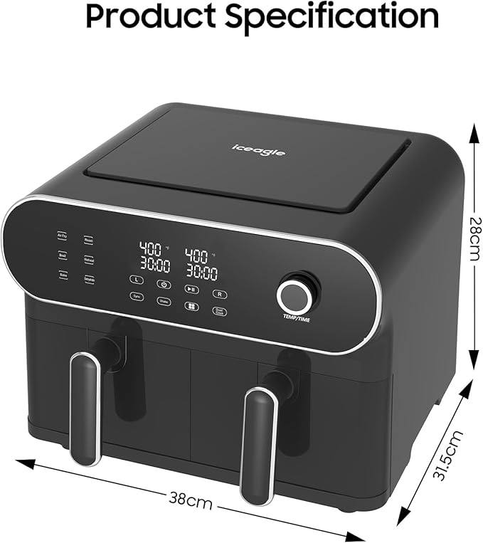 iceagle Dual Air Fryer 11 Quart - 6-in1 Airfryer with 2 Frying Baskets, Precise-control Knob | Sync & Dual Cook Functions to Ary Fry, Roast, Broil, Reheat and Dehydrate for Easy and Crispy Meals