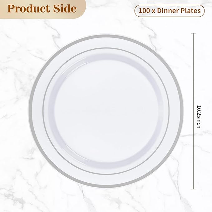 BESTVIP 100PCS Silver Plastic Plates, 10.25 Inch Disposable Dinner Plate Party with Silver Rim for Christmas, Thanksgiving, Heavy Duty Disposable Plastic Plates for Party, Wedding and Birthday, Events