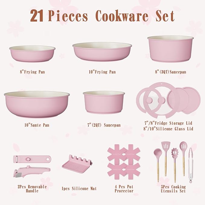Umite Chef Pots and Pans Set Non Stick, 21 pcs Nonstick Ceramic Cookware Set, RV Kitchen Cooking Set with Detachable Handles, Oven Safe, Induction Cookware, Stackable, Pink, PFAS PFOA & PTFE Free