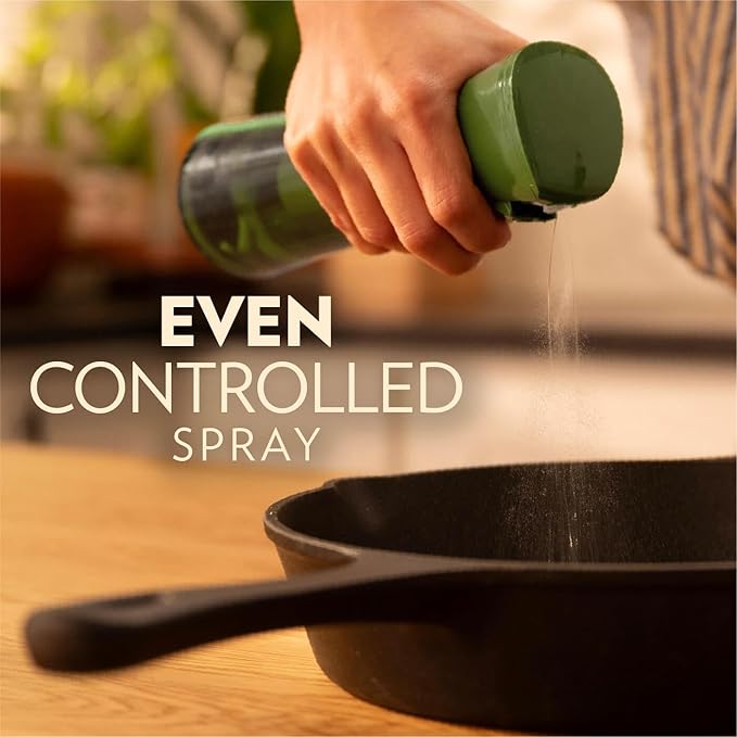 FLAIROSOL OLIVIA SIGNATURE Advanced Kitchen Oil Sprayer Technology, Fine Mist & Portion Control, Refillable Glass Olive Oil Cooking Spray Bottle for Air Fryer, Salad, BBQ, 200ml (Green, Gold)
