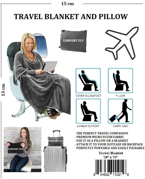 Comfort Fly Travel Blanket & Pillow – 2-in-1 Micro Plush Airplane Blanket with Carry Case (40" x 70") - Gray