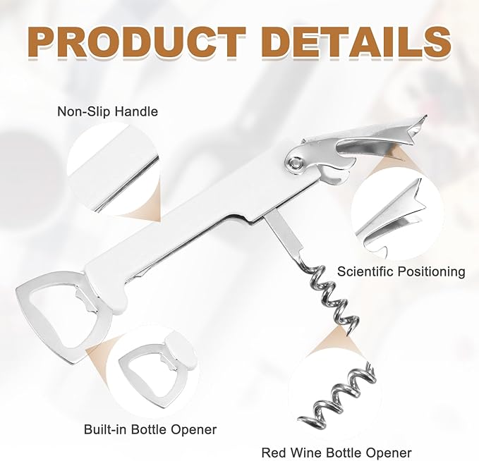 uxcell Wine Opener, Bottle Opener, Durable Stainless Steel Waiter's Corkscrew, Compact All-In-One Home Bar Tool for Bar, Party, Wedding, Home, Travel, White