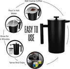 Utopia Kitchen 304 Grade Stainless Steel French Press Coffee Maker 17 Oz, Double Wall Insulated Coffee Press with 4-Level Filtration system, Include 2 Extra Filters, Rust-Free, Black