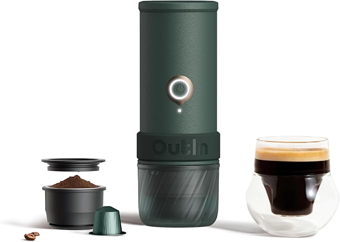 OutIn Mino Portable Electric Espresso Machine, Mini Camping Coffee Maker for Travel, Pocket Sized Coffee Machine Self-Heating, Ground Coffee & NS Capsule Adapter For Adventure