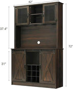 4ever2buy Farmhouse Coffee Bar Cabinet with 4 Mug Hooks, 72 Inch Wine Bar with with Hutch and 2 Sliding Barn Doors, Tall Coffee Bar with 9 Wine Racks for Living Dining Room, Dark Oak